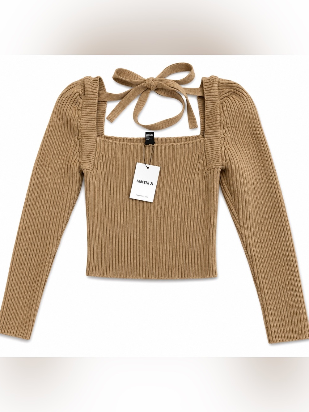 Forever 21 Camel Ribbed Square-Neck Long Sleeve Tie-Back Top